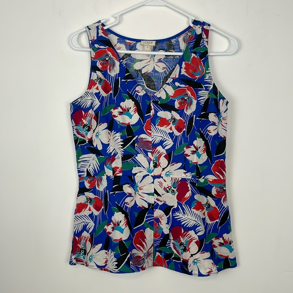 J Crew Red, White, Blue Floral Linen Blend Peplum Sleeveless Top. Size 0